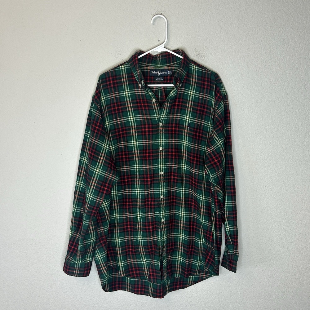 Vintage Ralph Lauren Blaire Plaid Flannel Shirt Men's L Green Red Yellow Cotton